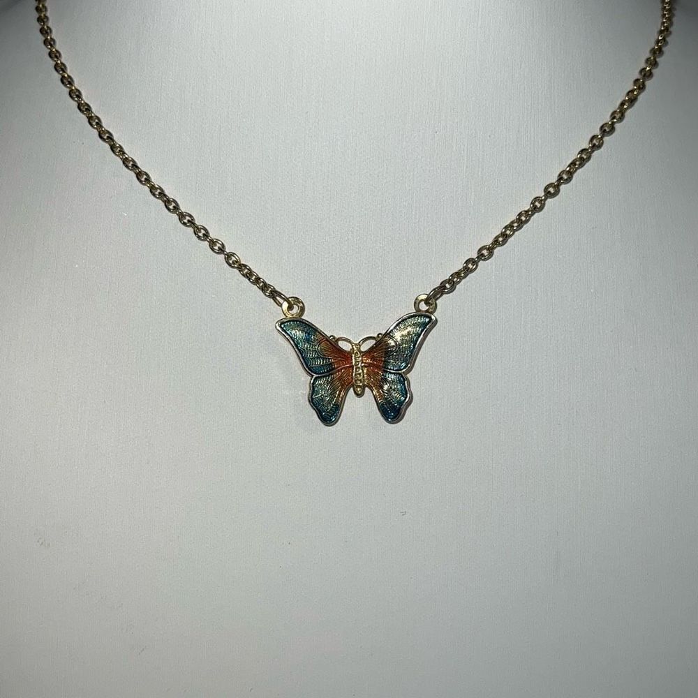 Paradise Painted Enamel Butterfly Station Necklace Blue / Gold Tone Cottage Core
